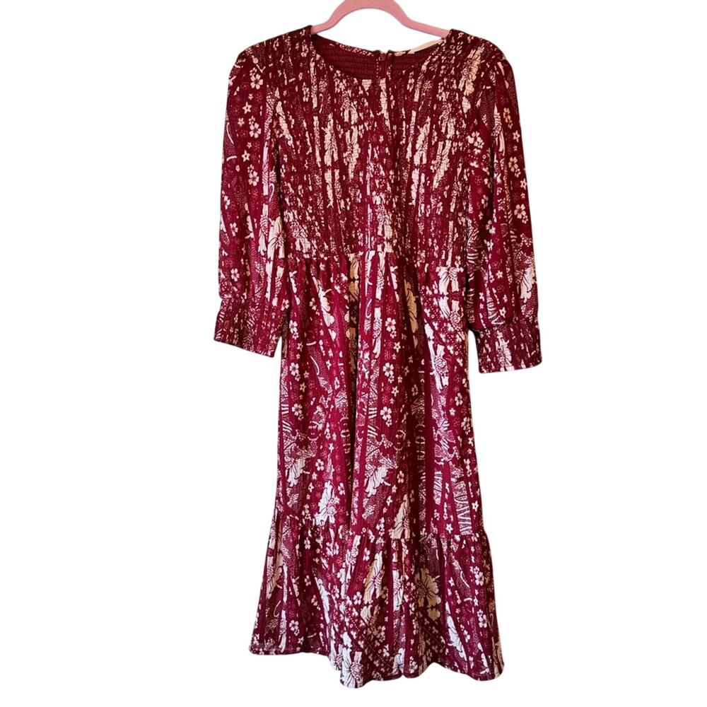 Soft Surroundings Red Ditsy Floral Smocked Midi Dress Womens 4 Tiered Fall